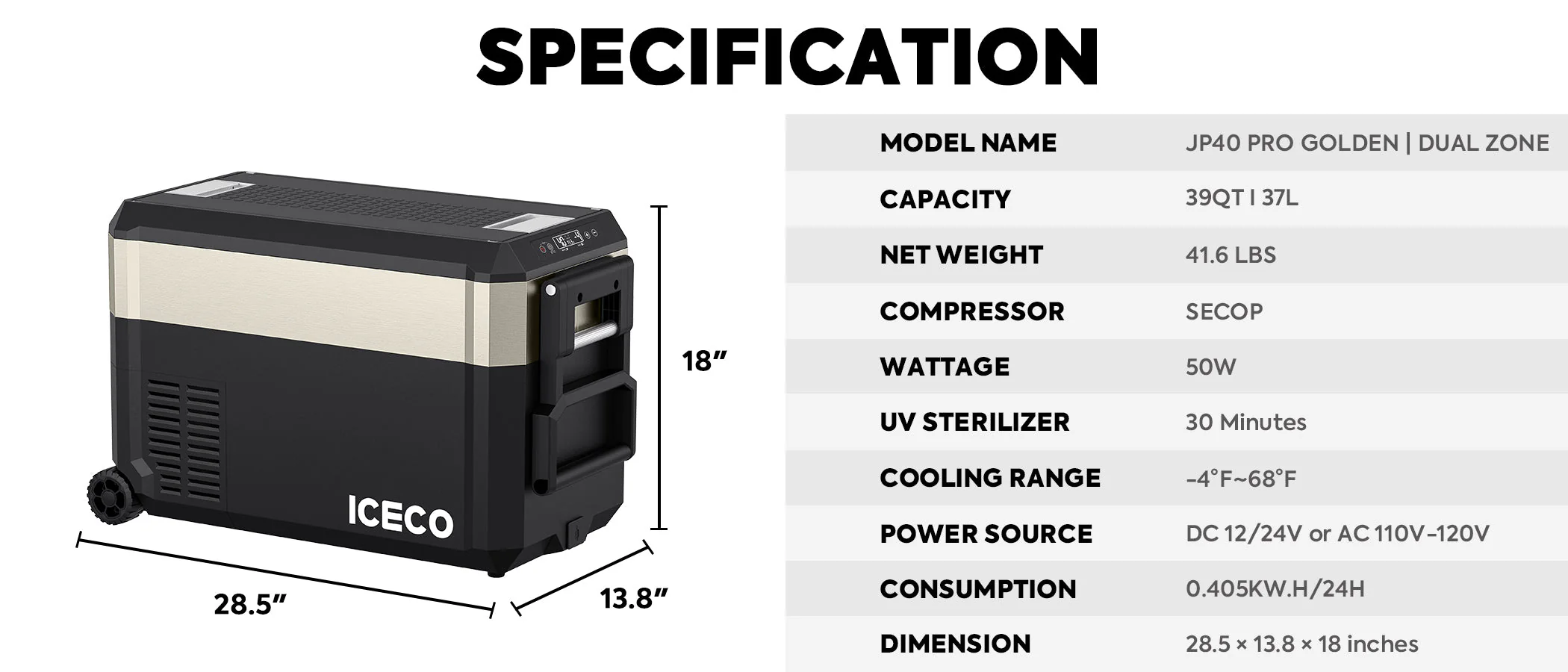 JP40 Pro Dual Zone Wheeled Portable Freezer | ICECO | 40 LT - Image 16