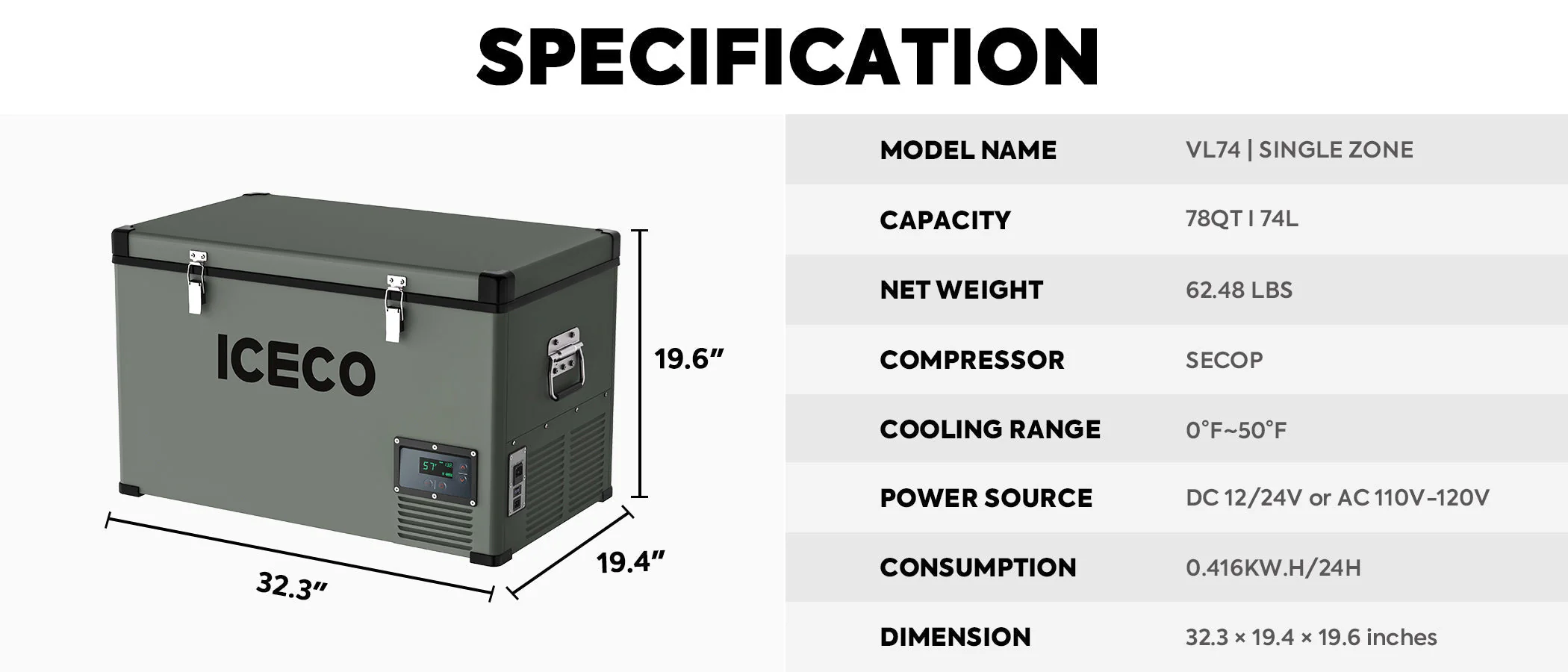 VL74 Single Zone Portable Freezer 12v | ICECO | 74 LT - Image 3