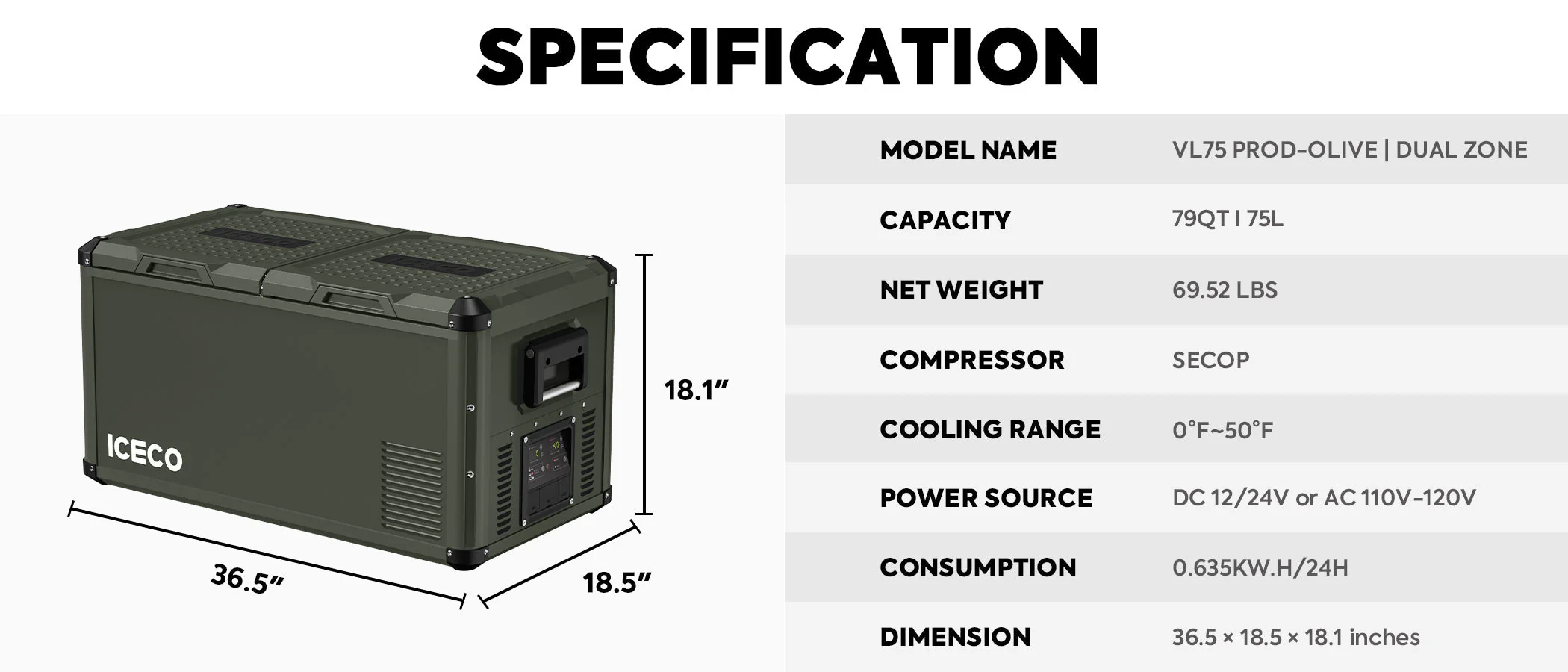 VL75ProD Olive 12V Heavy Duty Fridge Freezer | ICECO | 75 LT - Image 9